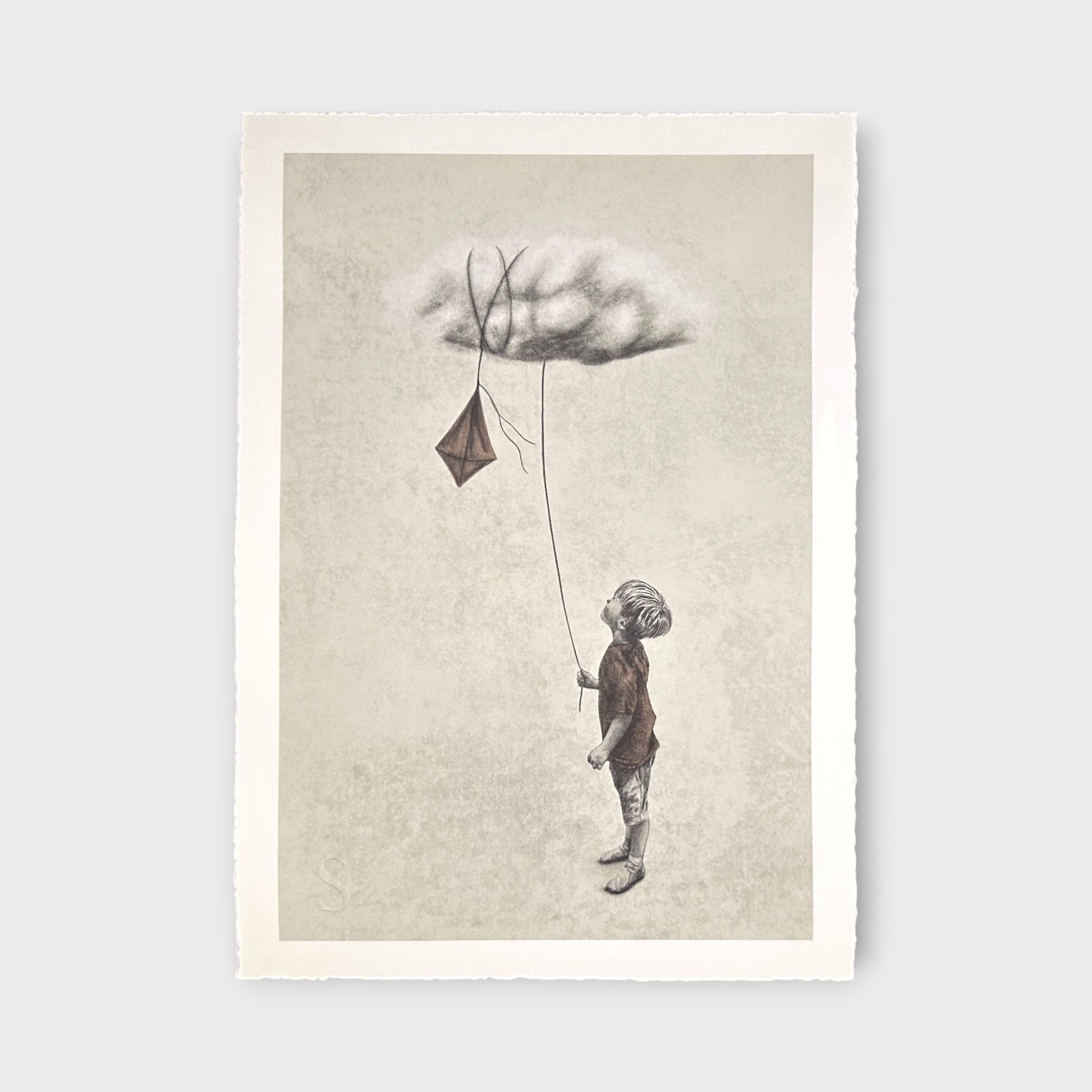 Illustration of a child holding a kite with a cloud above, on a textured beige background.