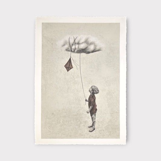 Illustration of a child holding a kite with a cloud above, on a textured beige background.