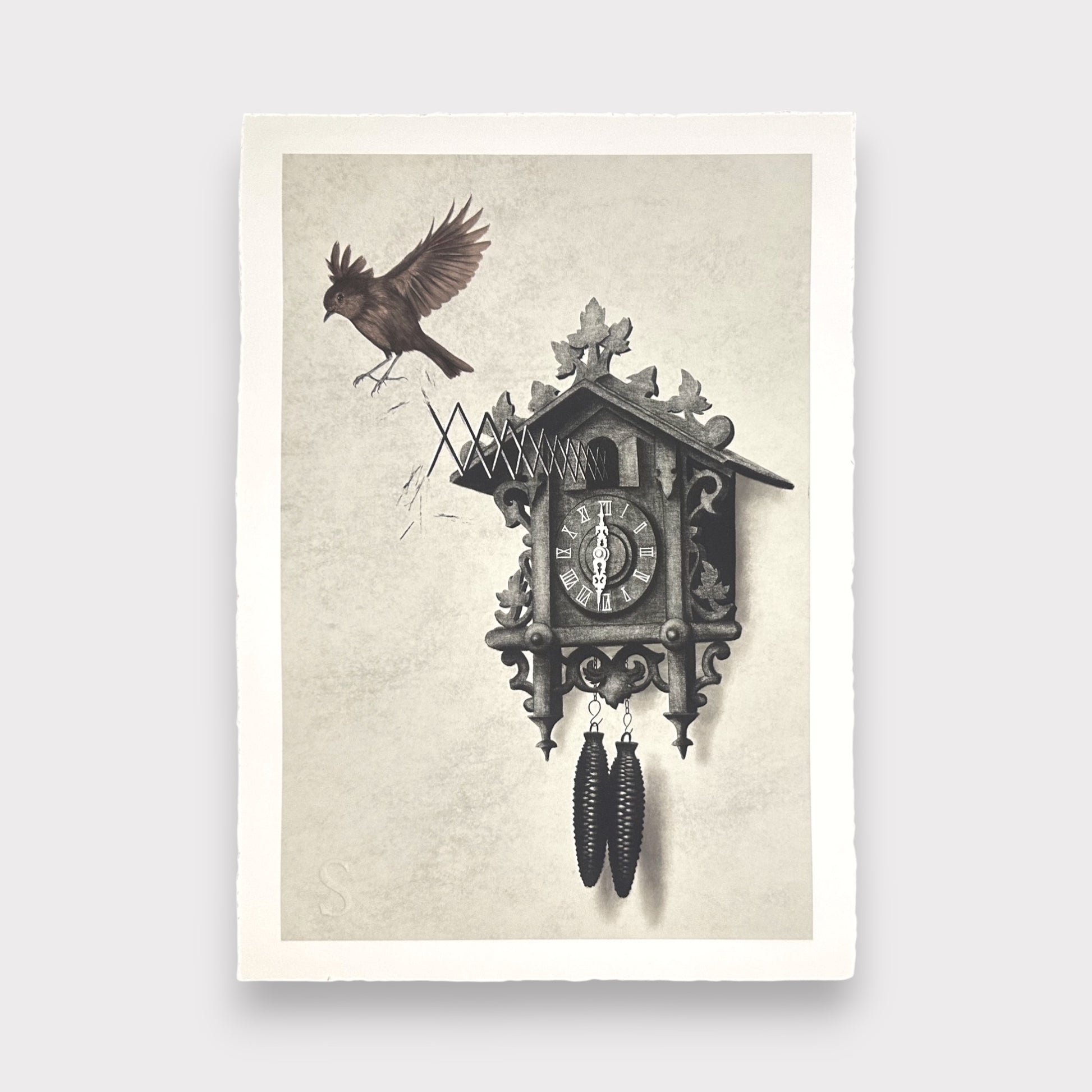 Illustration of a vintage cuckoo clock with a bird on a textured beige background