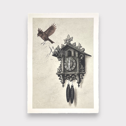 Illustration of a vintage cuckoo clock with a bird on a textured beige background