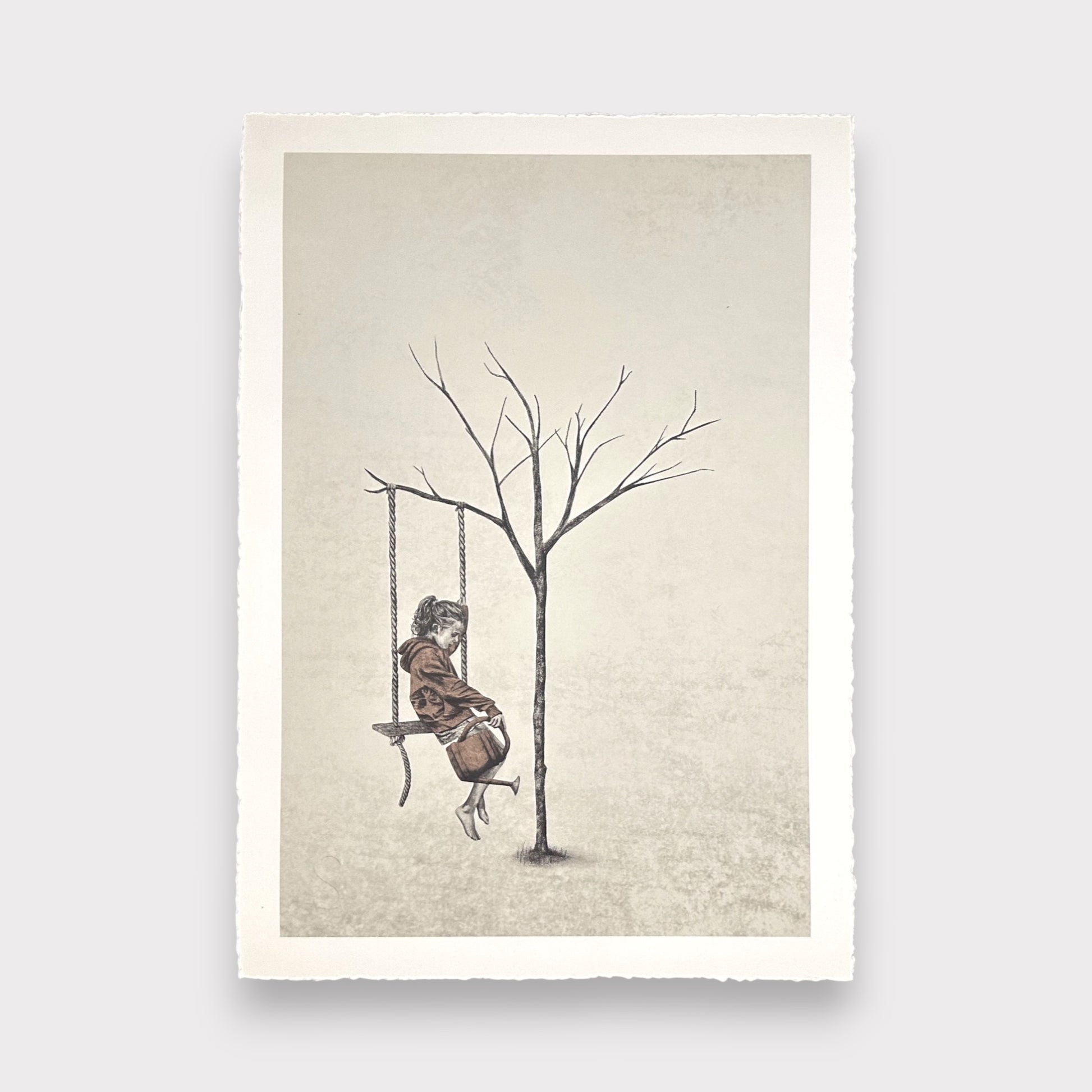 Art print of a person on a swing attached to a bare tree against a textured beige background