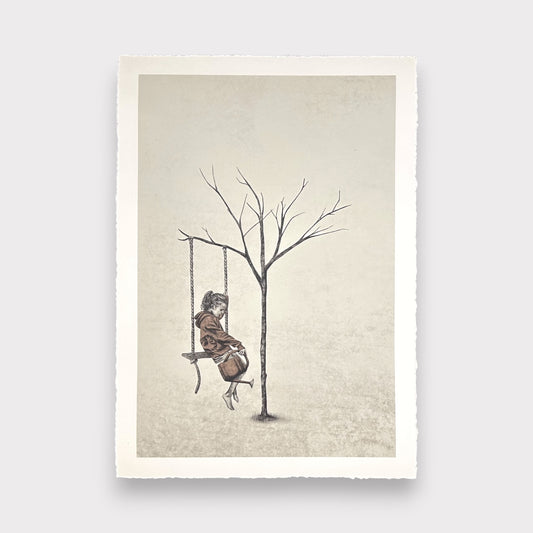 Art print of a person on a swing attached to a bare tree against a textured beige background