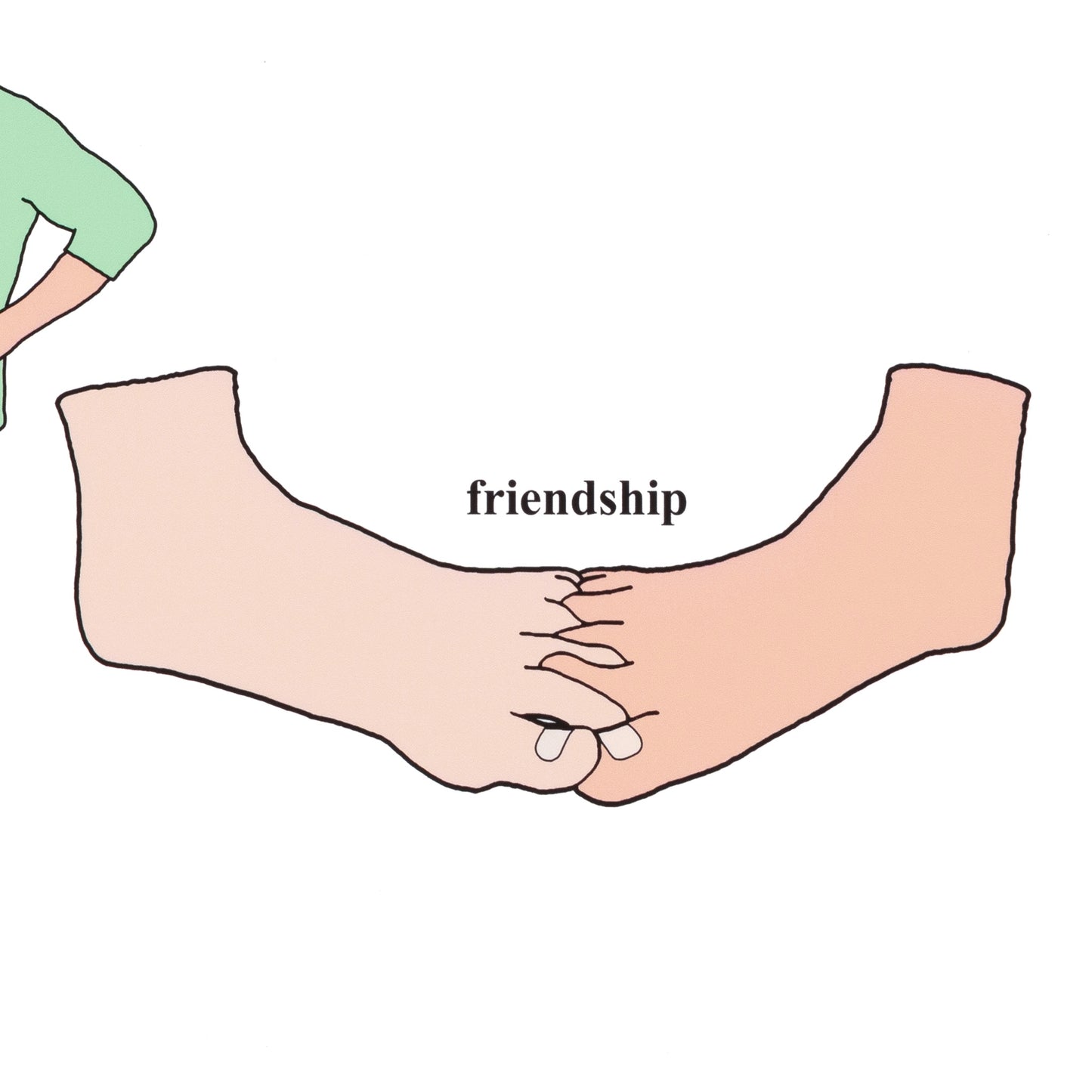 Illustration of two hands shaking with the word 'friendship' between them on a white background.