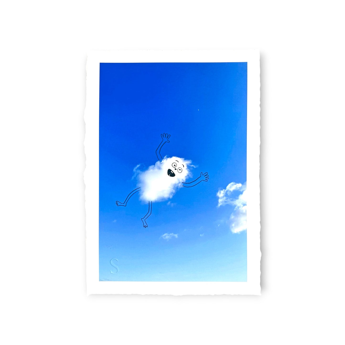 Cartoon character with a cloud head against a blue sky