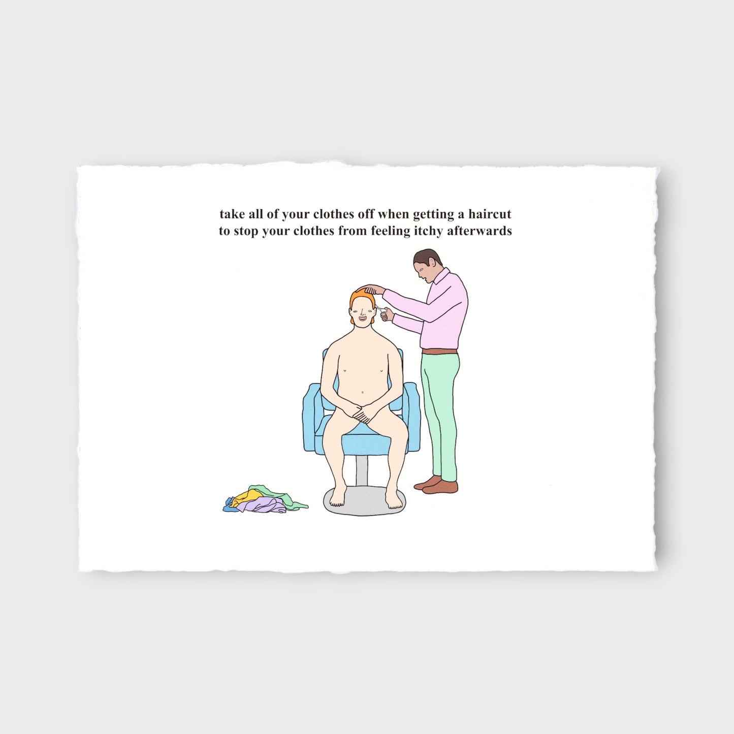 Cartoon of a man getting a haircut with humorous text on a white background