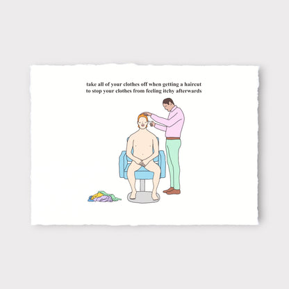 Cartoon of a man getting a haircut with humorous text on a white background