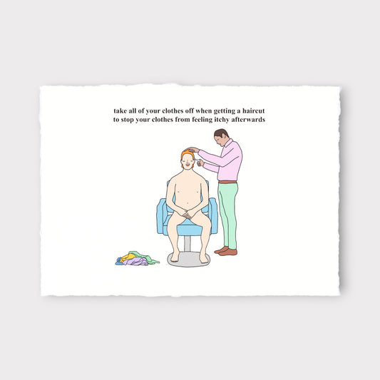 Cartoon of a man getting a haircut with humorous text on a white background
