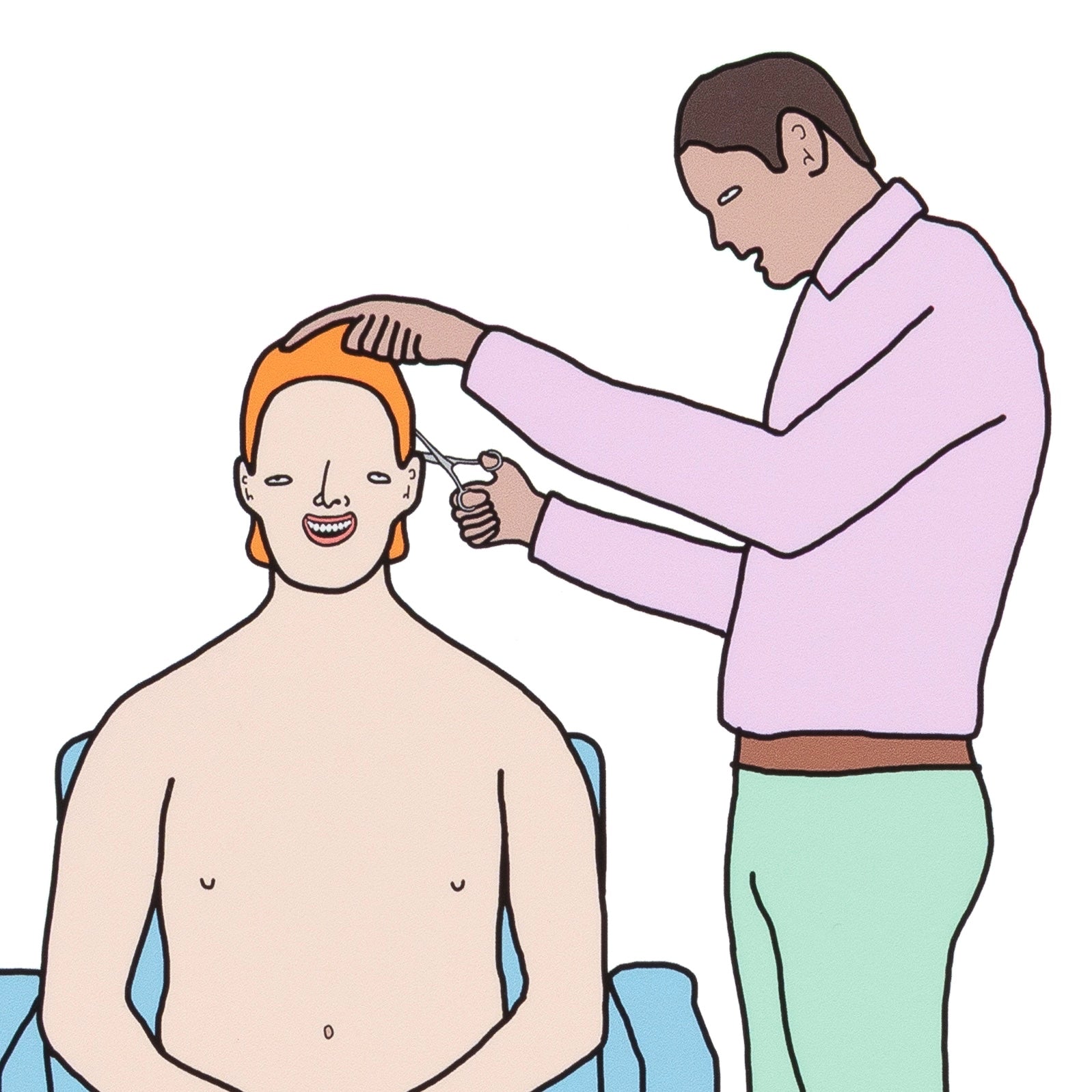 Illustration of a person getting a haircut from another person.