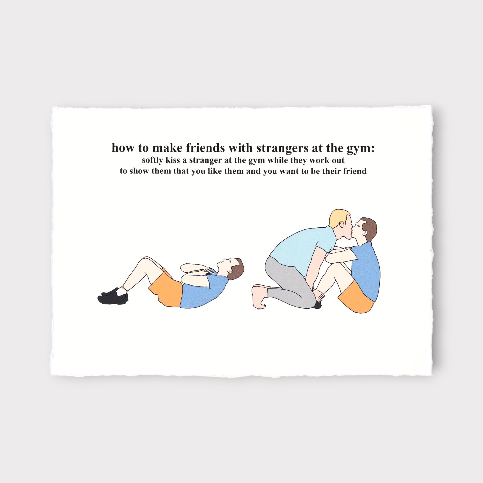 Cartoon illustration of people at the gym with text on how to make friends with strangers.