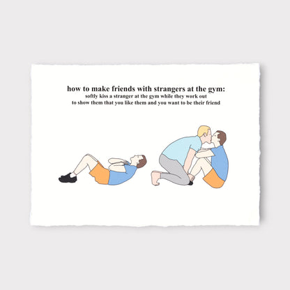 Cartoon illustration of people at the gym with text on how to make friends with strangers.