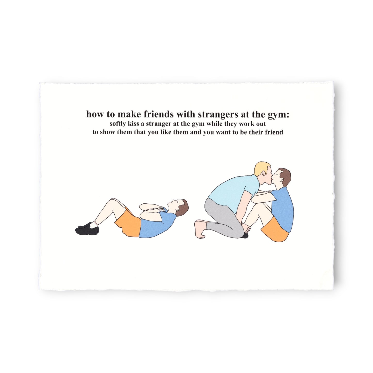 Cartoon illustration of two people at the gym with text on how to make friends with strangers.