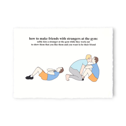 Cartoon illustration of two people at the gym with text on how to make friends with strangers.