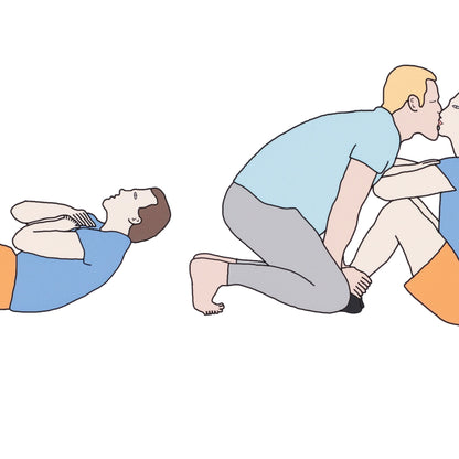 Illustration of a person performing CPR on another person.
