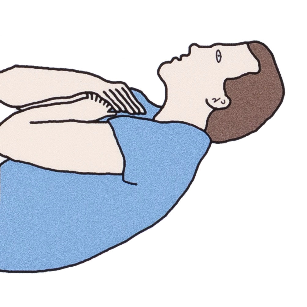 Illustration of a person lying on their back with a blue blanket and a white pillow.