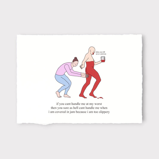 Cartoon illustration of a person helping another person with a jar of jam on a white background