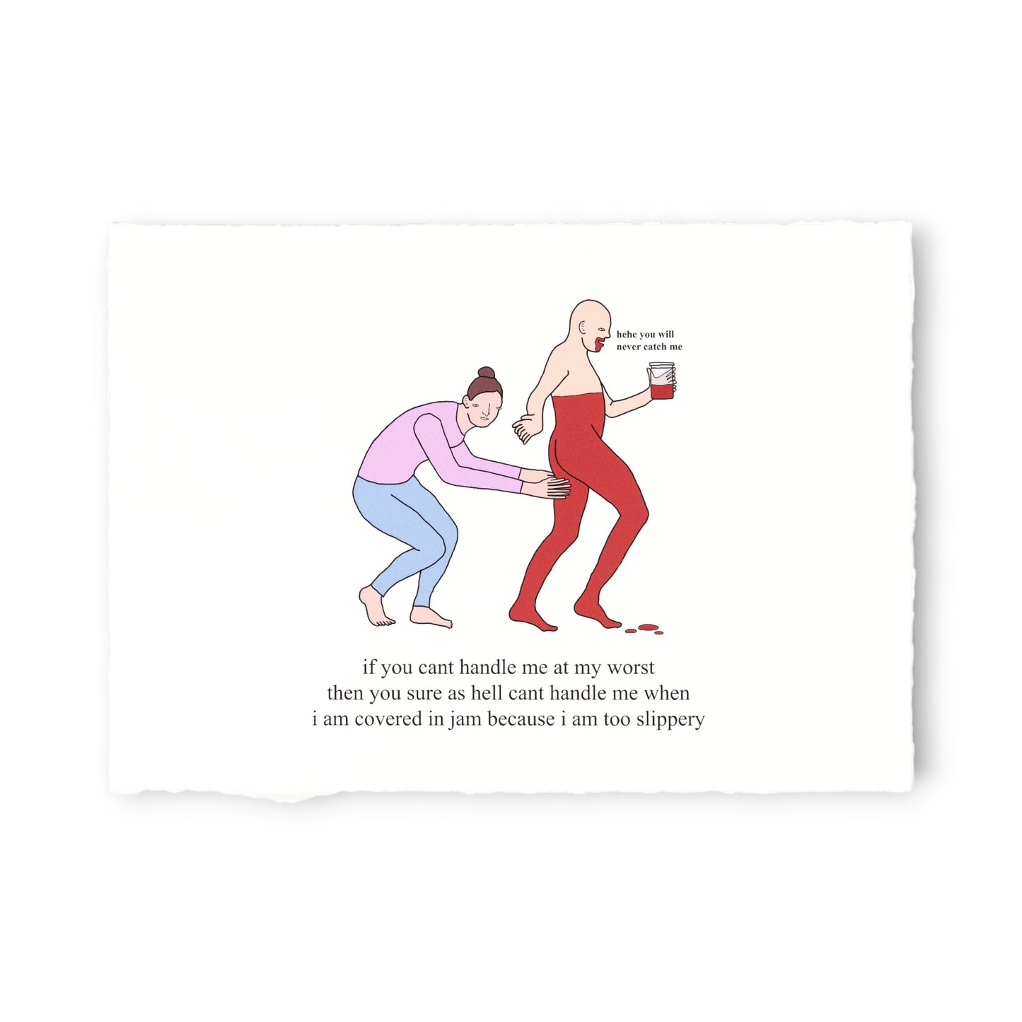Cartoon illustration of a person helping another person with a jar of jam on a white background.
