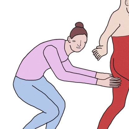 Illustration of a person helping another person with a red skirt.