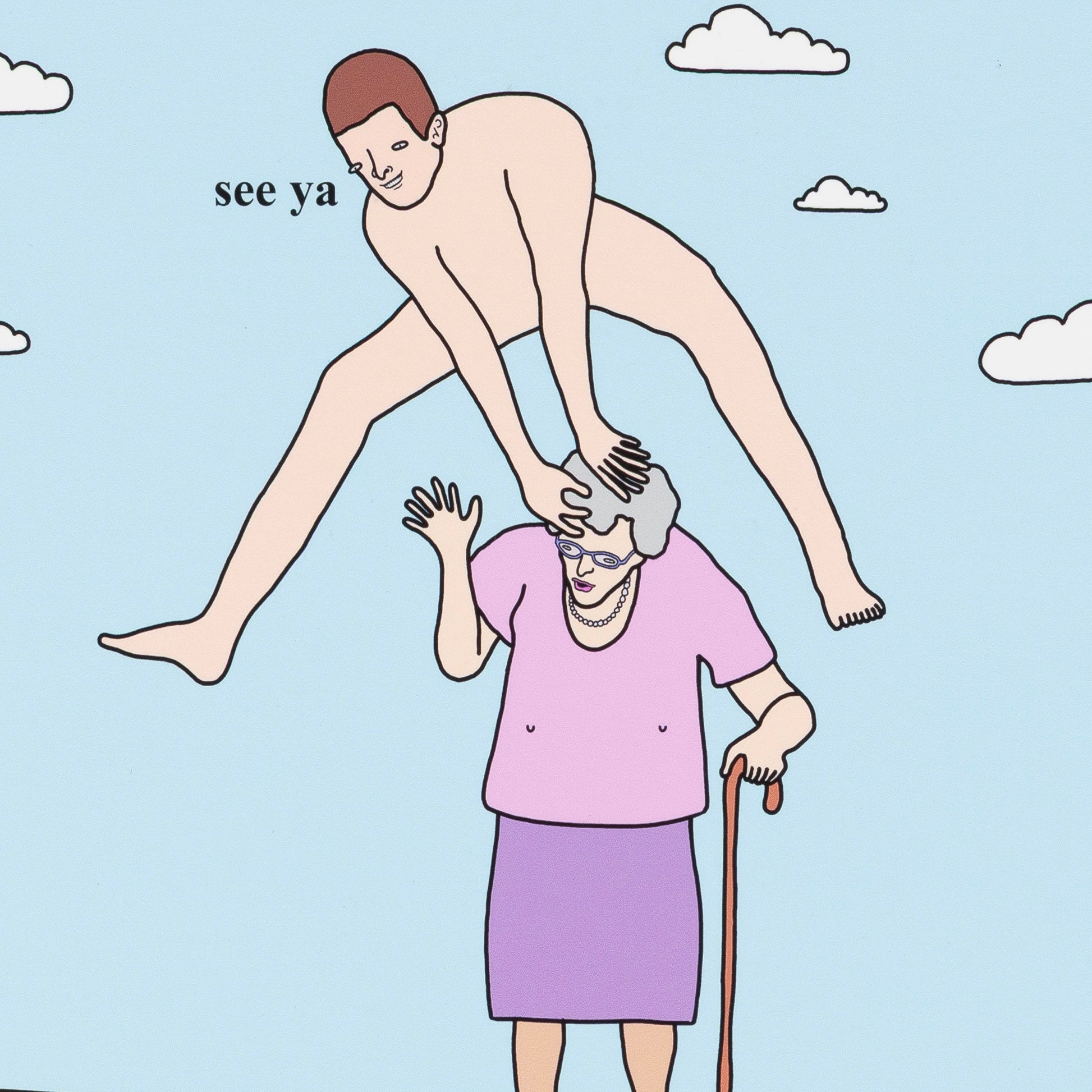 Cartoon of a man in the sky reaching down to a woman with a cane, with 'see ya' text.