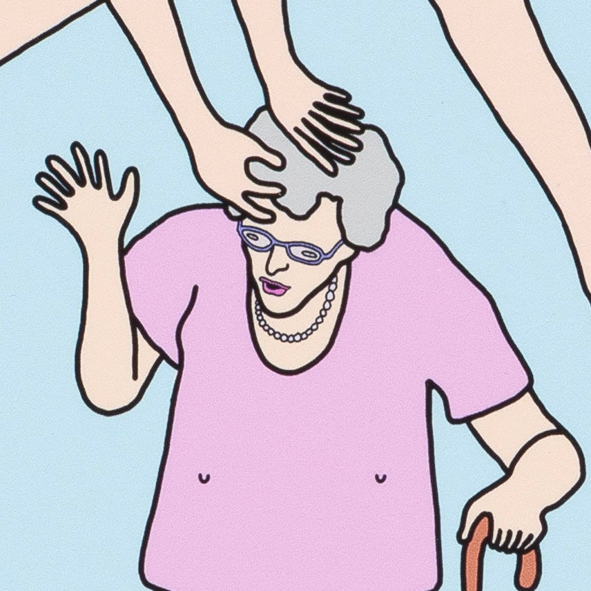 Cartoon illustration of an elderly woman with a hand on her head against a light blue background