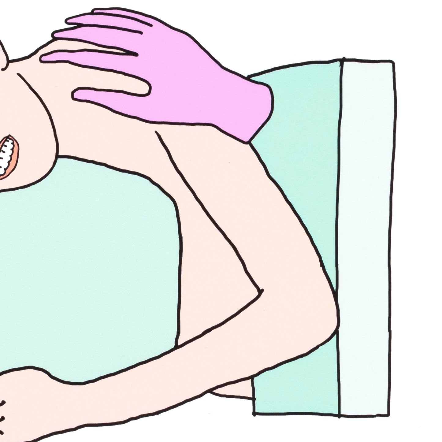 Illustration of a person wearing a pink glove on their arm, lying on a green pillow.