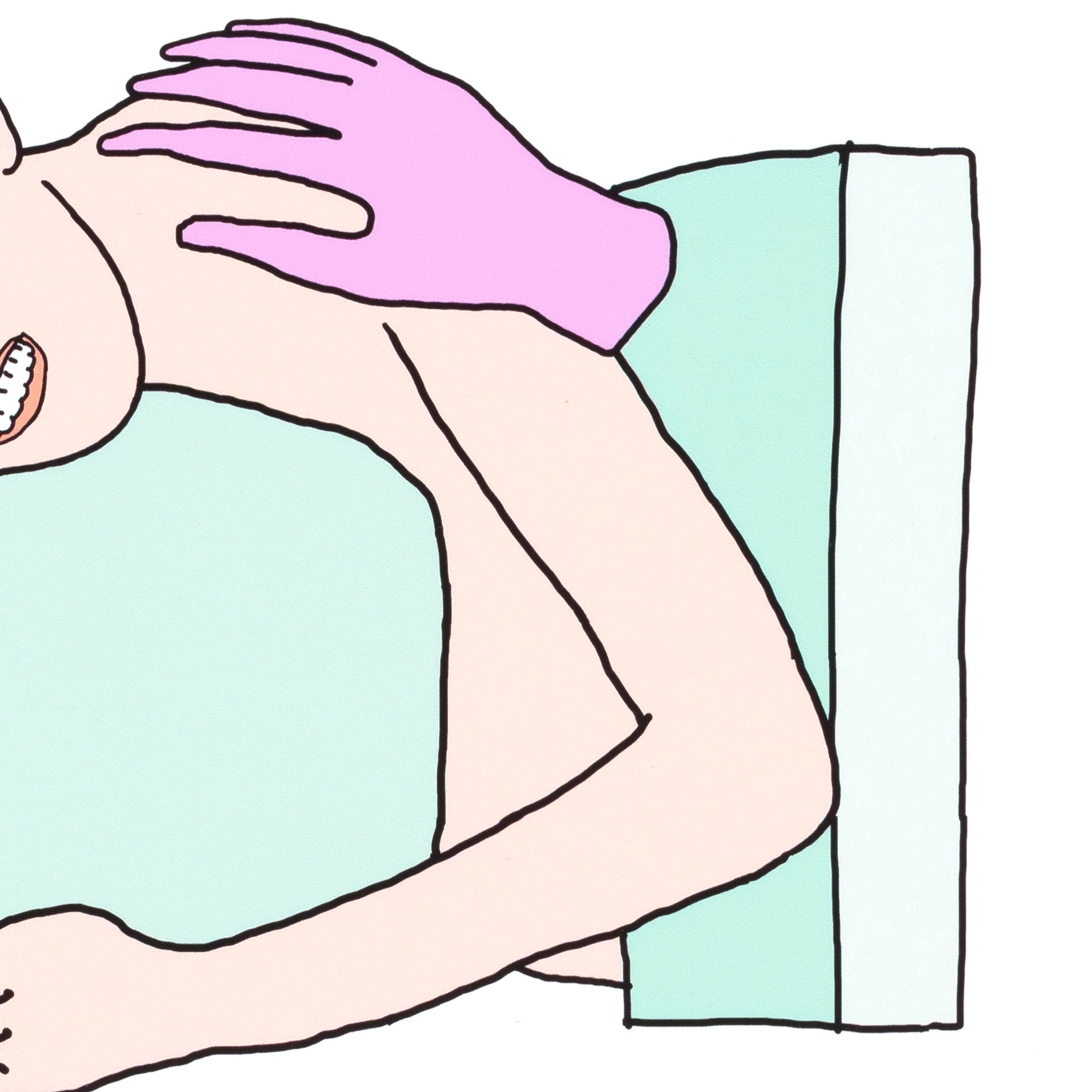 Illustration of a person wearing a pink glove on their arm, lying on a green pillow.