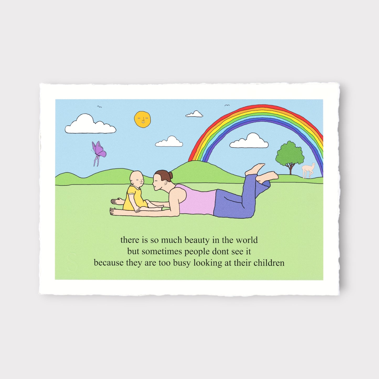Cartoon of a man and child lying on grass with a rainbow and text about seeing beauty in children.