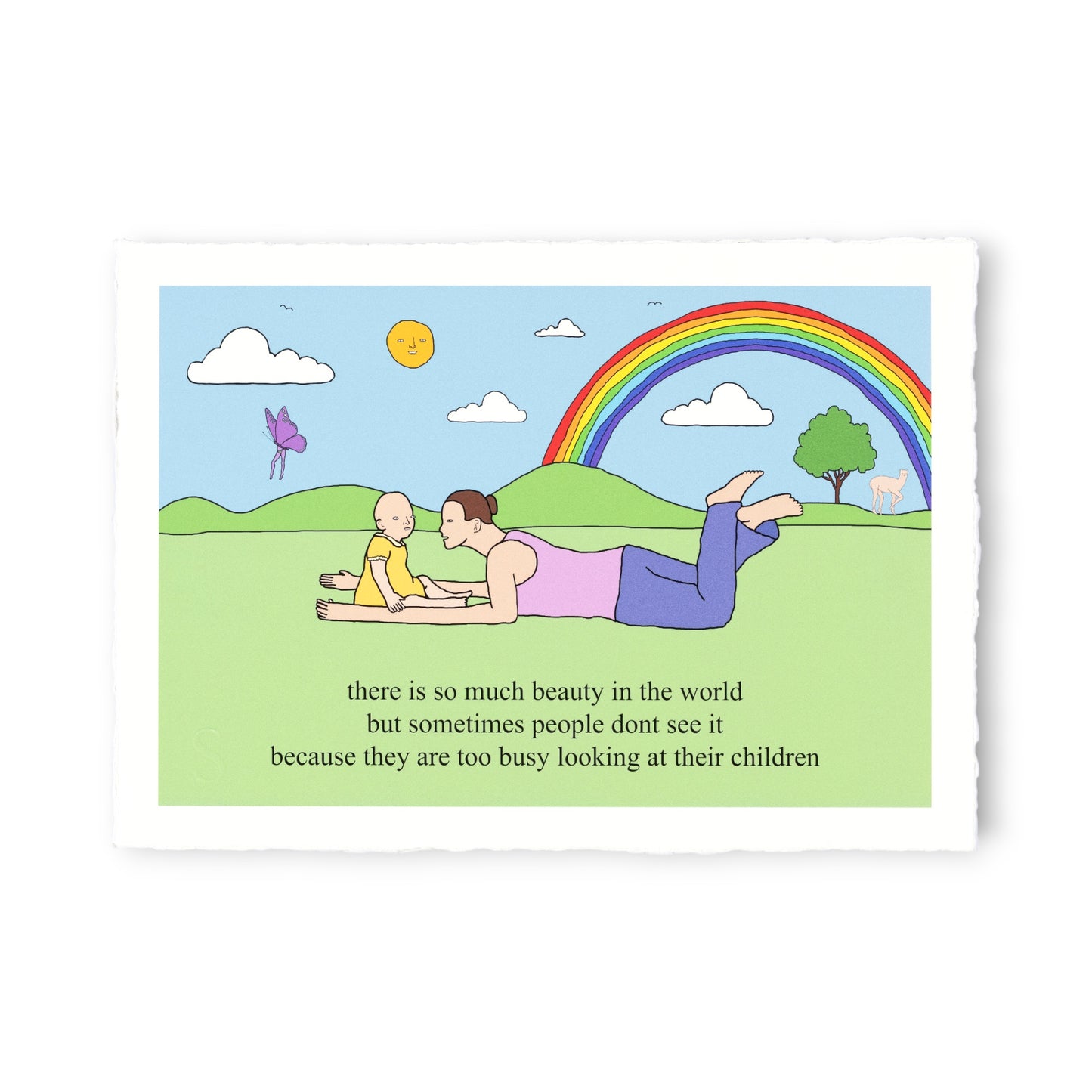 Cartoon of a woman and child lying on grass with a rainbow and text about seeing beauty in the world.