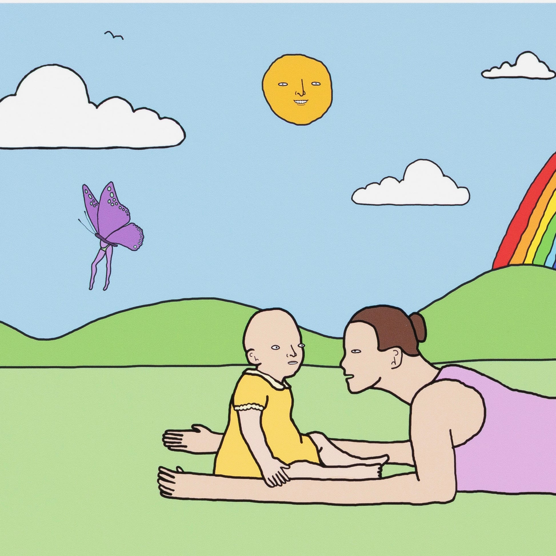 Cartoon of a woman and child lying on grass with a butterfly and rainbow in the sky.