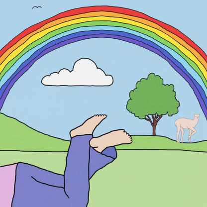 Illustration of a person lying on grass with a rainbow, tree, and deer in the background.