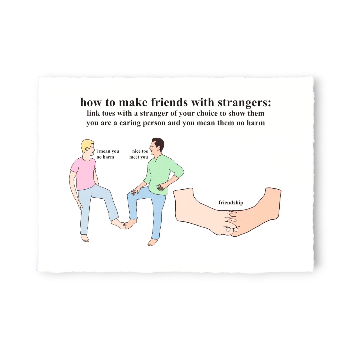 Cartoon illustration of two people linking toes with text explaining how to make friends with strangers.