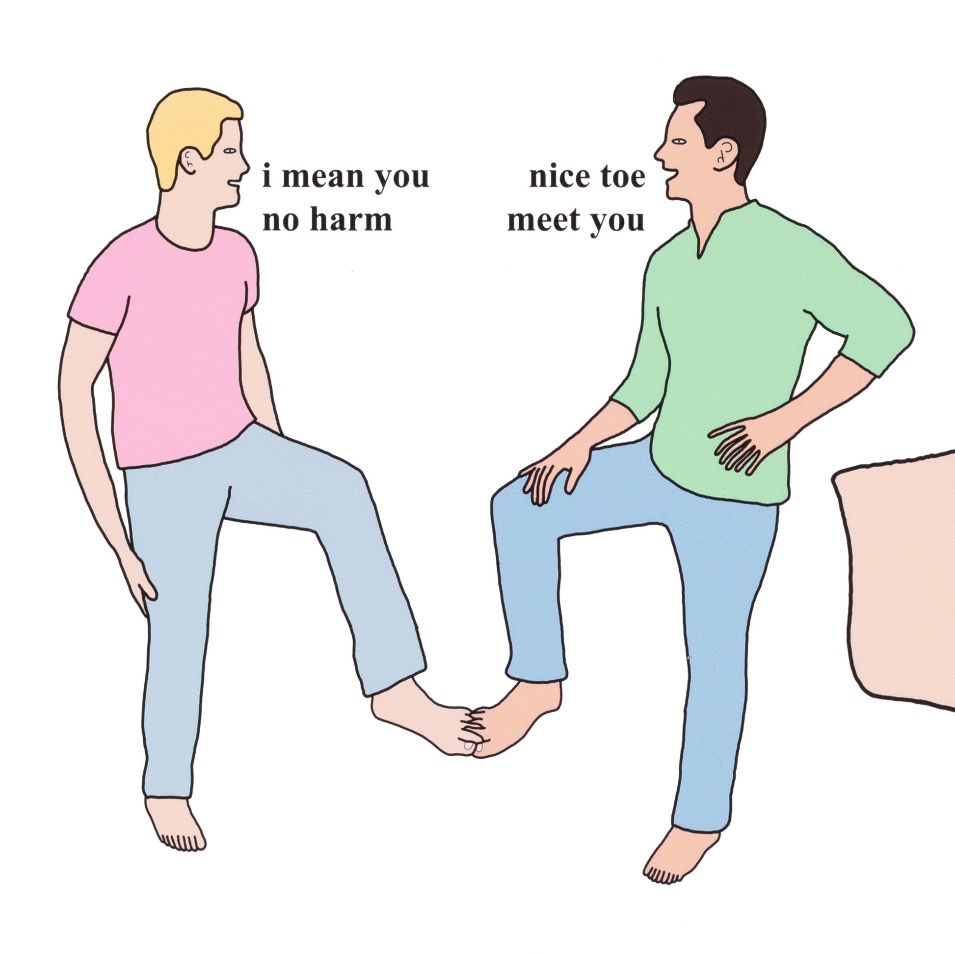 Cartoon of two people sitting on opposite sides of a bed with text above them.