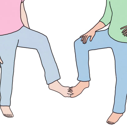 Illustration of two people holding hands with a focus on their feet.