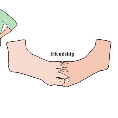 Illustration of two hands shaking with the word 'friendship' between them on a white background.