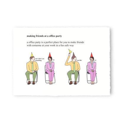 Cartoon illustration of office party scenario with text on a white background