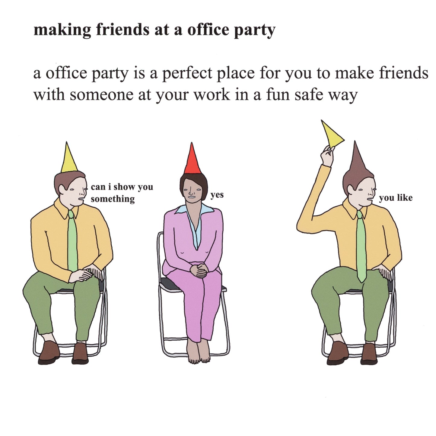 Cartoon of three people at a party with text about making friends in an office setting.