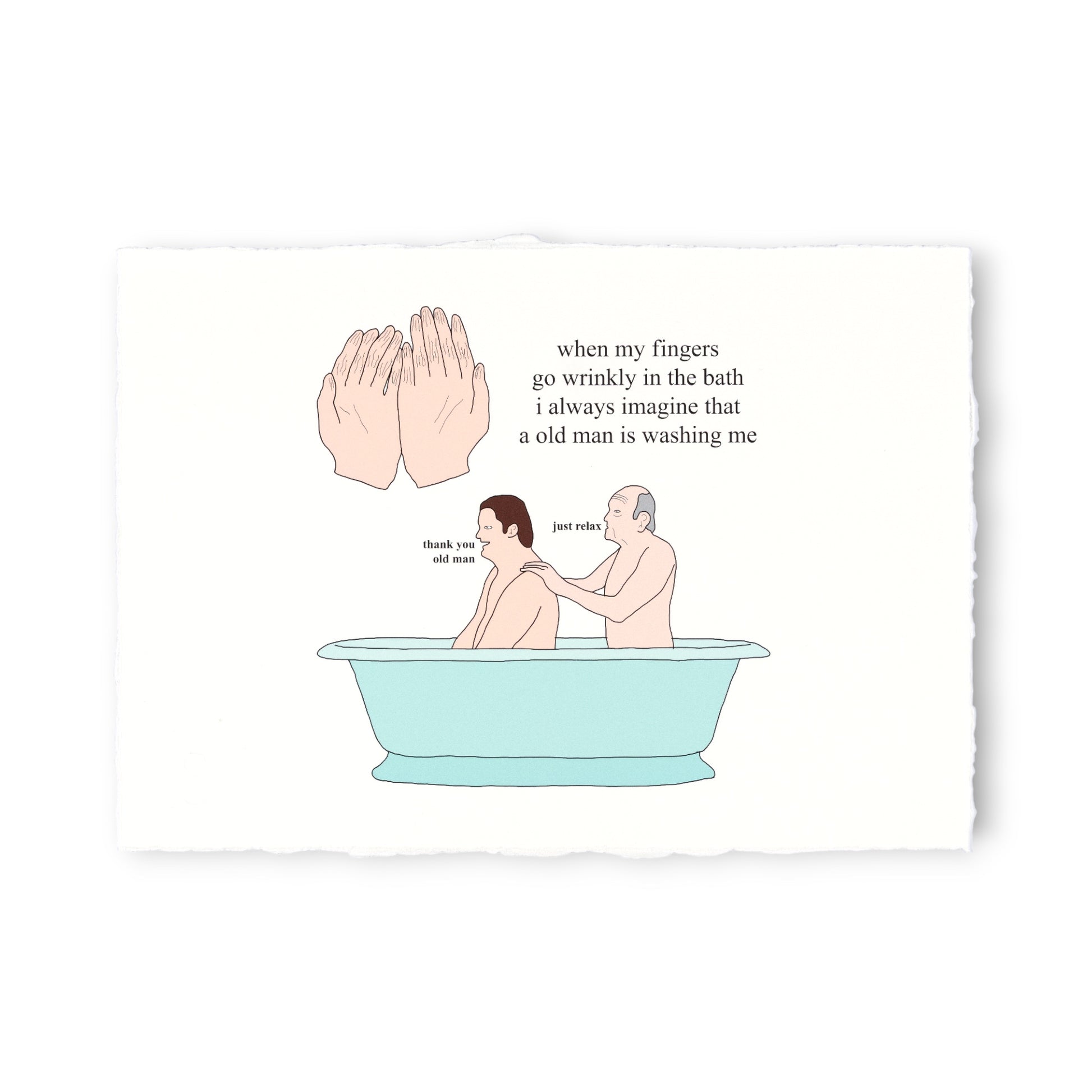 Cartoon illustration of two people in a bathtub with text about wrinkles and old age.