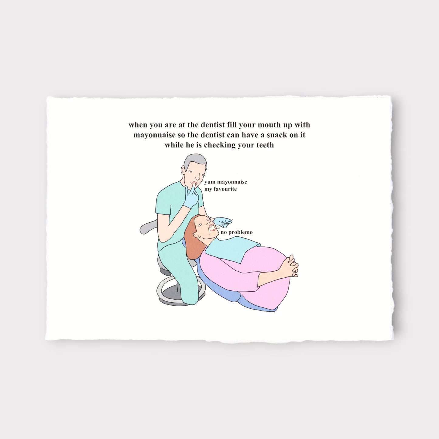 Cartoon illustration of a dentist and patient with humorous text on a white background