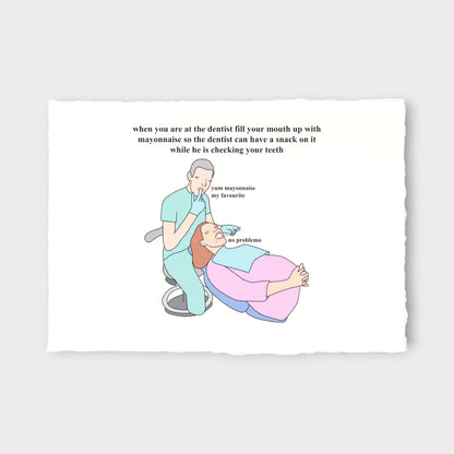 Cartoon illustration of a dentist and patient with humorous text on a white background
