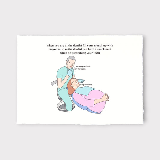 Cartoon illustration of a dentist and patient with humorous text on a white background