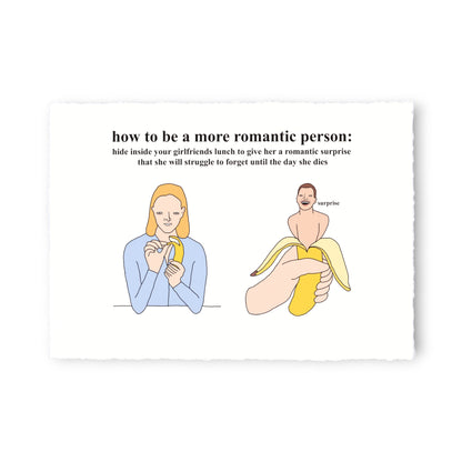 Cartoon illustration of a person hiding a banana behind a girl, with text about being romantic.