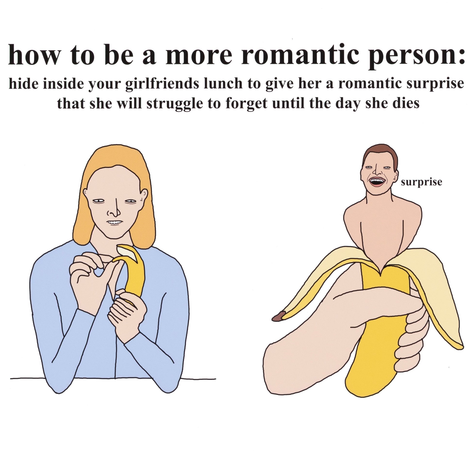 Cartoon illustration of a person hiding a banana inside another person's lunch to create a romantic surprise.