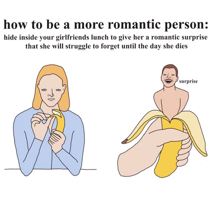 Cartoon illustration of a person hiding a banana inside another person's lunch to create a romantic surprise.