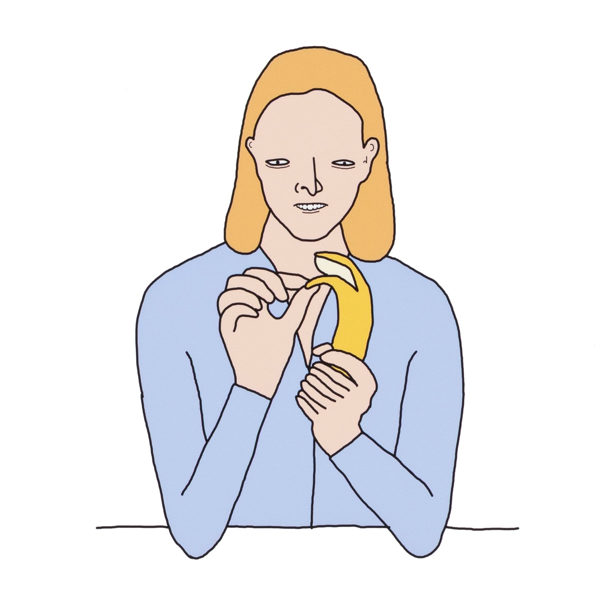 Illustration of a person peeling a banana with a plain background