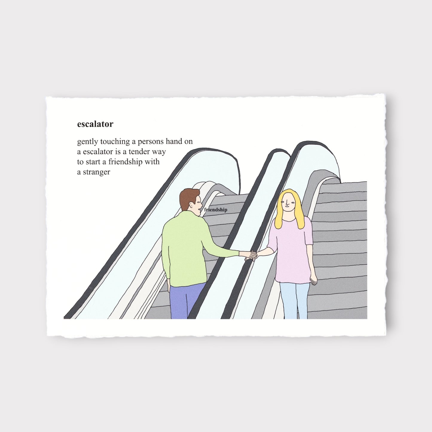 Illustration of two people touching hands on an escalator with text about friendship.