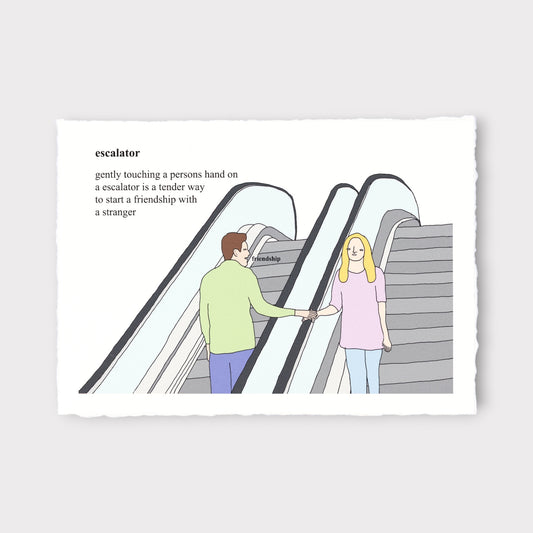 Illustration of two people touching hands on an escalator with text about friendship.
