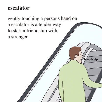 Person on an escalator with text about touching a stranger's hand to start a friendship.