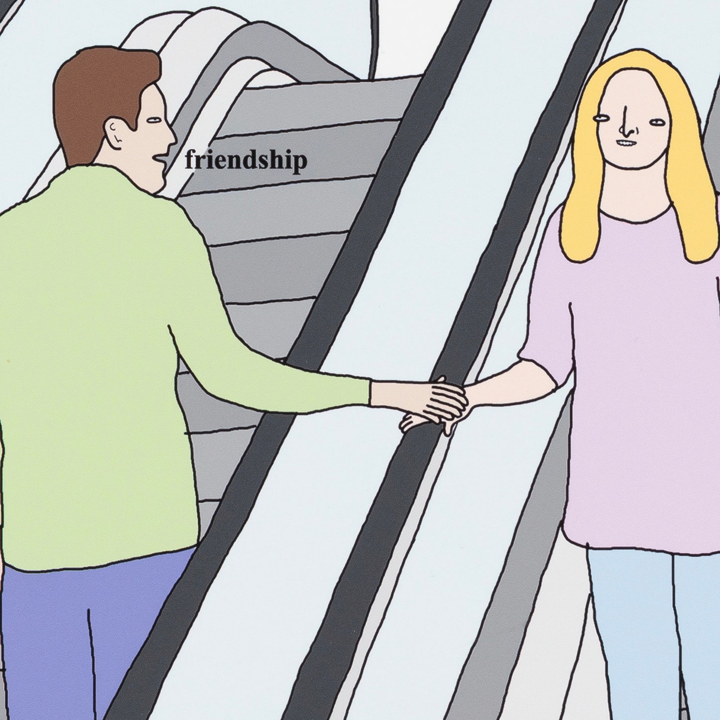 Cartoon of two people holding hands with 'friendship' above them, on a white background.