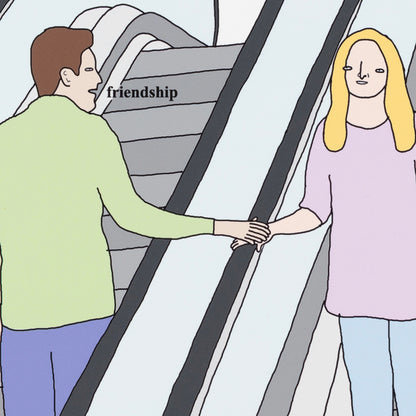 Cartoon of two people holding hands with 'friendship' above them, on a white background.