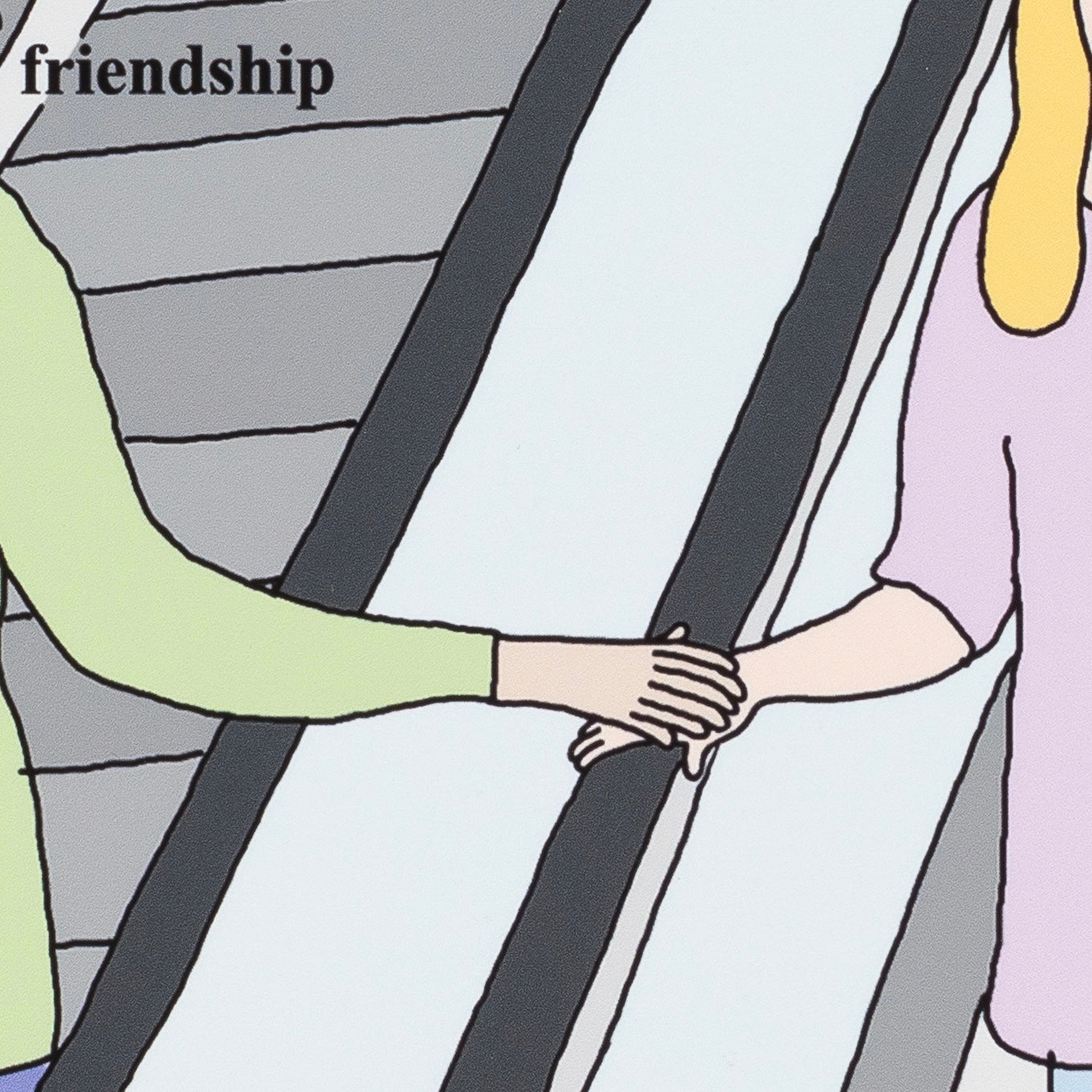 Illustration of two people holding hands with the word 'friendship' above them.
