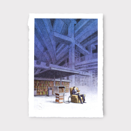 Illustration of a person sitting in a chair reading a book in a large, dimly lit library with high wooden beams.